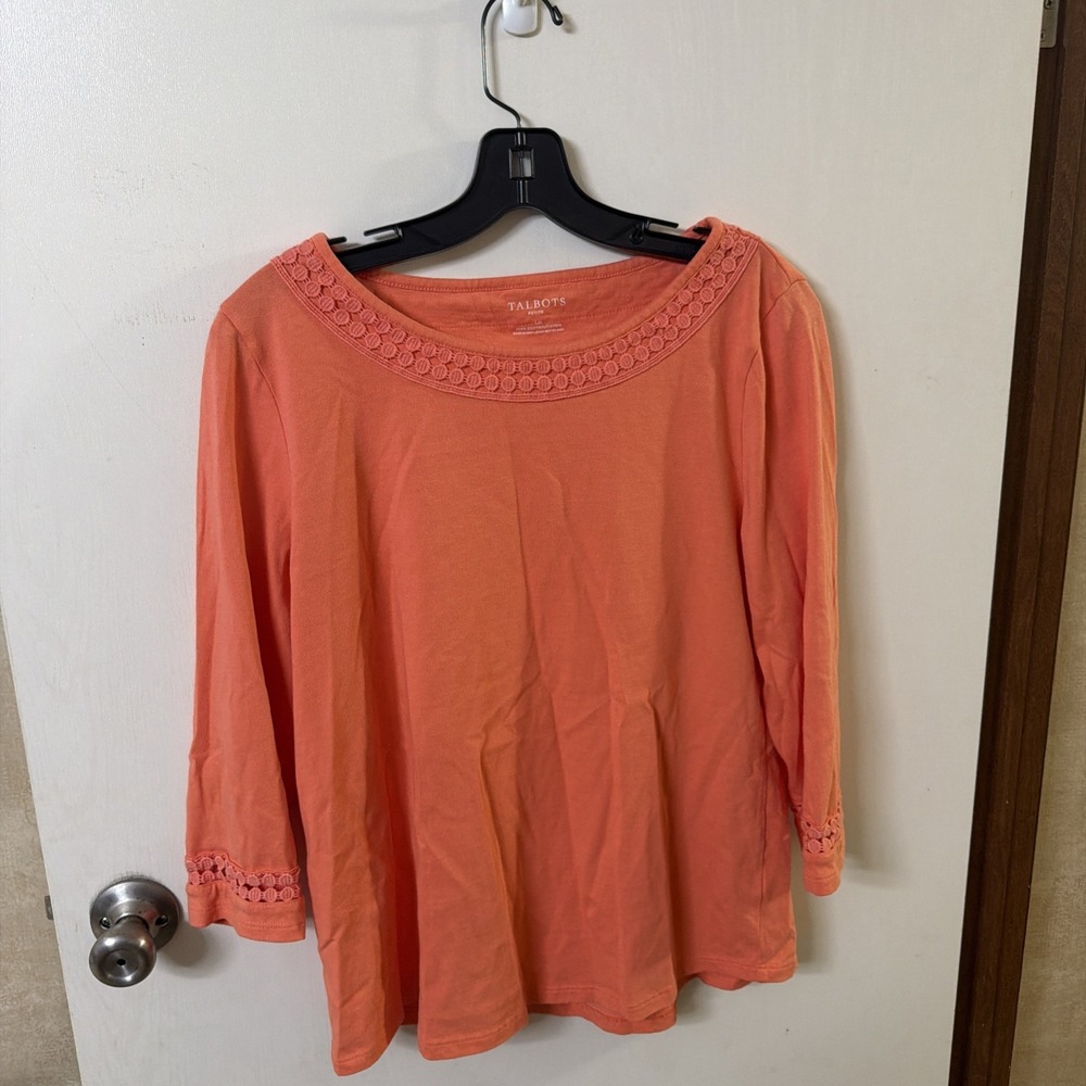 Talbots Coral  Cotton Crochet Detail Jersey Top Womens Large Petite 3/4 Sleeves